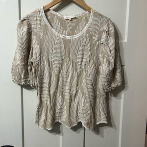 Solitaire Beige Palm Embroidered Puff Sleeve Scallop Hem Rayon blouse Boho